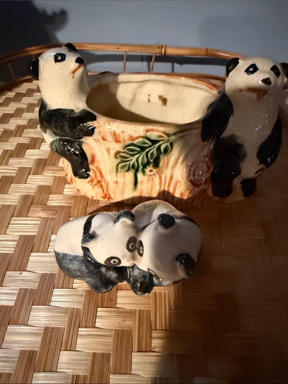 Vintage Ceramic Panda Planter with Baby Panda Figurine - White & Black